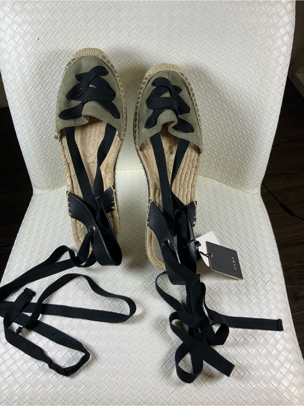 Zara Olive Espadrille Lace-Up Flats with Black Ribbons